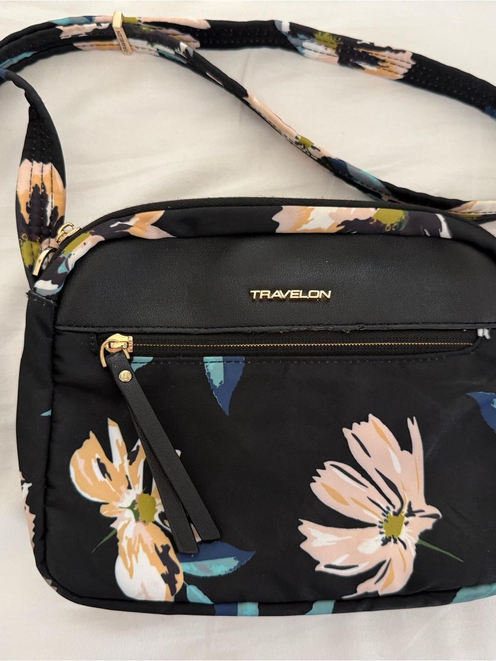 Travelon Black Floral Crossbody with Gold Logo